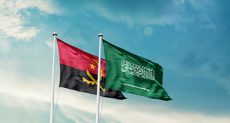 Angola and Saudi Arabia friendship flags are waving in the sky. Two country flag for agreement or deal. Angola KSA national flag for commitment.