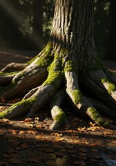 Fototapeta premium Majestic Tree Roots with Moss and Autumn Leaves