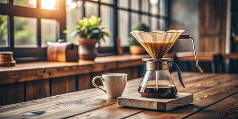 Aromatic Coffee Brewing Session Sunlit Wooden Table Setting with Pour Over Device and Empty Cup