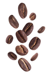 Coffee beans in motion - real photo of levitating roasted seeds on transparent background.