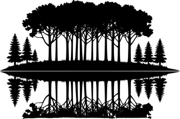 Naklejka premium Silhouette Forest Reflection Vector Illustration for Nature Themes 
