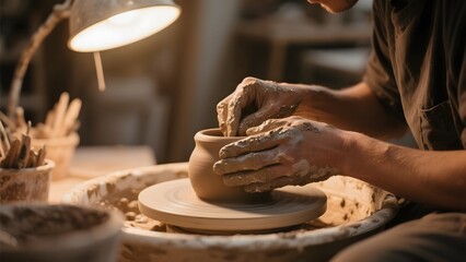 Potter shaping clay on a pottery wheel under warm lighting