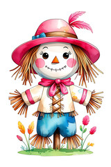 Cute watercolor scarecrow in blue jeans and pink hat, surrounded by spring grass. Smiling cartoon character for kids and seasonal designs.