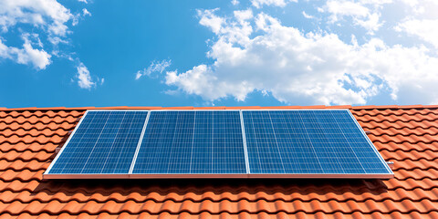 Rooftop Solar: Eco-friendly energy solution featuring solar panels on a red tile roof with a bright blue sky backdrop for sustainable living.