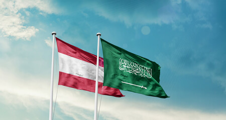 Austria and Saudi Arabia friendship flags are waving in the sky. Two country flag for agreement or deal. Austria KSA national flag for commitment.