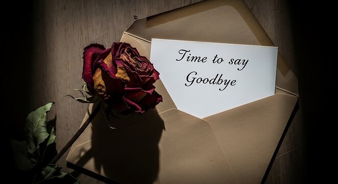 Dried rose and a goodbye letter in an envelope