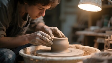 A potter shapes clay on a pottery wheel in a well-lit workshop