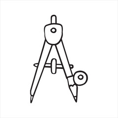 Drawing compass outline vector icon. Simple black and white line art illustration of a geometry tool with a pencil for drawing circles. Doodle sketch for math, school, or technical design.
