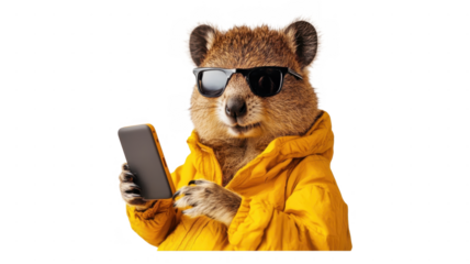 Quokka wearing sunglasses and a yellow jacket while using a smartphone for a fun selfie