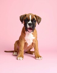 Adorable Fawn Boxer Puppy on Pink Background, Generated image