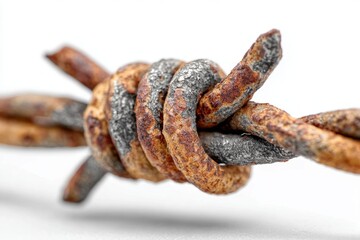 Close-up of rusty barbed wire showing corrosion, isolated on a white background