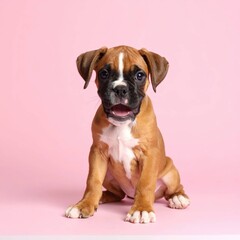 Adorable Fawn Boxer Puppy on Pink Background, Generated image