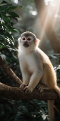 Fototapeta premium Squirrel monkey sitting on tree branch in sunlit jungle