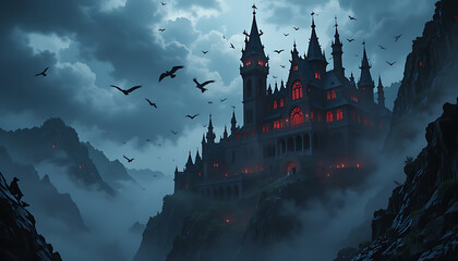 Dark, gothic castle perched atop misty mountains at night, surrounded by ominous birds.