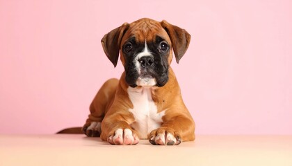 Adorable Cachorro Boxer Leonado sobre Fondo Rosa, Generated image