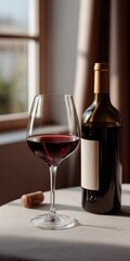 Elegant red wine and bottle on table by window in sunlit room