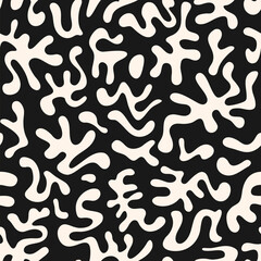Vector abstract seamless pattern with organic shapes, funky chaotic doodle elements. Groovy minimal cut-out texture. Simple contemporary black and white background. Stylish monochrome endless design
