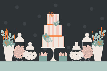 Wedding  candy bar with cake. Dessert table.  Vector illustration.