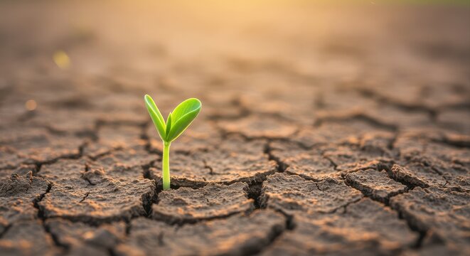 Green seedling growing in cracked dry ground