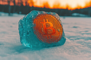 Bitcoin coin frozen inside a transparent ice block, surrounded by frosty textures and soft glowing light. Arctic environment with a cool, futuristic feel.