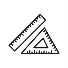 Ruler and set square outline vector. Simple black and white line art illustration of geometry measurement tools. Doodle sketch for math, school, drawing, or engineering.
