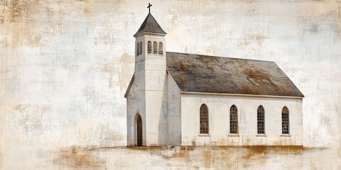 Historic rural church illustration with weathered walls and faded texture, tranquil countryside view