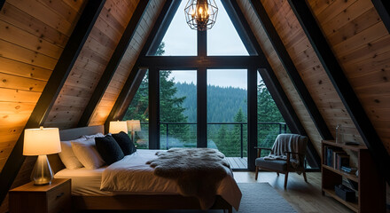 Cozy A-frame cabin bedroom with large windows showcasing a forest view.