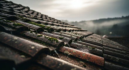 Close-up of a weathered terracotta tile roof with moss and distant foggy landscape.
