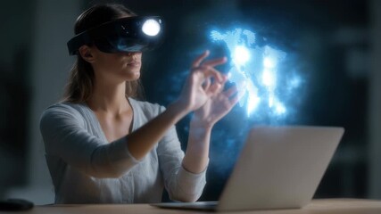 Young woman wearing a futuristic virtual reality headset engages with a luminous global digital map displaying advanced technology and global connectivity - Powered by Adobe