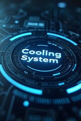Abstract blue glowing circular design showcases a futuristic cooling system, vertical composition. Intricate technological details create a visually striking and innovative composition.