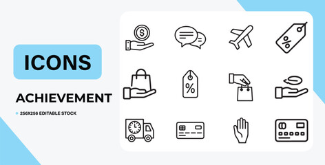 Collection of Achievement Icons for Business and Finance Applications Including Shopping and Transportation Options Depicted in a Clean Style