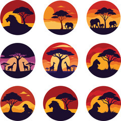 Group of wild animals in African savannah under orange sunset light Vector illustration