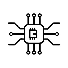 A simple, vector graphic showcasing a Bitcoin symbol encircled by interconnected circuit lines, signifying the digital network and technology behind cryptocurrency transactions.