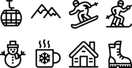 Winter Activities Icons Set Gondola, Mountains, Snowboarding, Skiing, Snowman, House