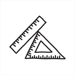 Ruler and set square outline vector. Simple black and white line art illustration of geometry measurement tools. Doodle sketch for math, school, drawing, or engineering.
