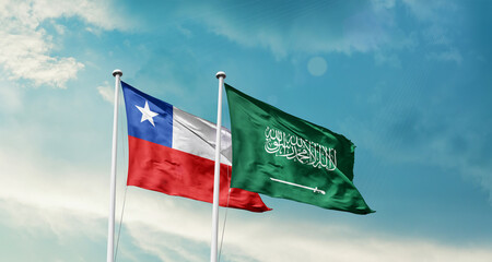 Chile and Saudi Arabia friendship flags are waving in the sky. Two country flag for agreement or deal. Chile KSA national flag for commitment.