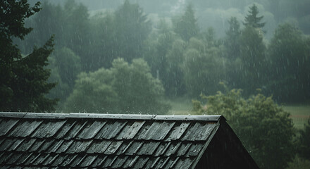 Rain lashes a rustic cabin roof, overlooking a lush, green, rain-soaked forest.
