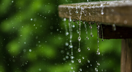Rain droplets cascading down a wooden outdoor table, with a blurred green background of foliage.