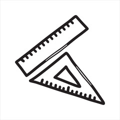 Ruler and set square outline vector. Simple black and white line art illustration of geometry measurement tools. Doodle sketch for math, school, drawing, or engineering.
