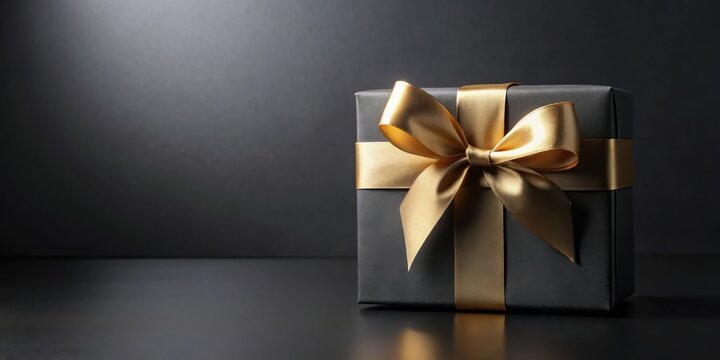 A luxuriously wrapped dark present with a golden ribbon bow, a sophisticated gift for a special occasion