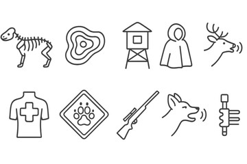 Hunting and wildlife line icon set with deer, gun, and camouflage designs