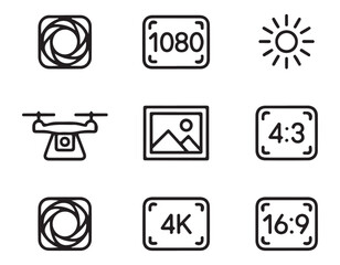 Collection of drone camera settings icons for resolution focus aspect ratio and video recording depicting modern photography trends