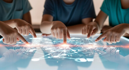 A hand holds a tablet projecting glowing, futuristic charts, graphs, and data analytics for business intelligence.