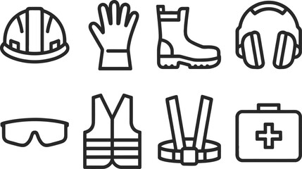 Worker safety gear outline helmet, gloves, boot, earmuffs, glasses, vest, belt, kit