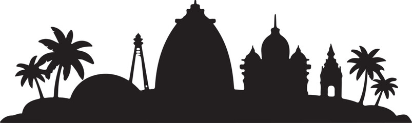 Black Silhouette of Bassas da India Skyline with Fantasy Island Buildings
