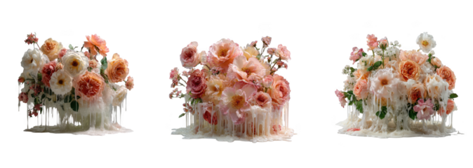 Three surreal floral arrangements with dripping wax, featuring roses and peonies in soft pastel colors, isolated on transparent background