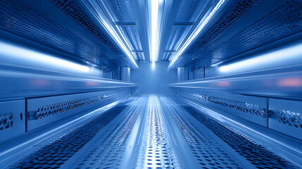 Naklejka premium Industrial cabinet interior with blue light and perforated rails in a sci-fi lab setting