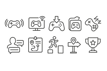Gaming, esports line icon set. video game, leaderboard outline icons collection