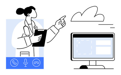 Doctor pointing toward cloud while holding clipboard, computer displaying online platform. Ideal for telemedicine, healthcare, remote communication, cloud technology, virtual teamwork, data sharing