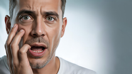 A man with an intense expression shows surprise and concern as he touches his face. The lighting highlights his features, creating a striking visual impact during a studio session.